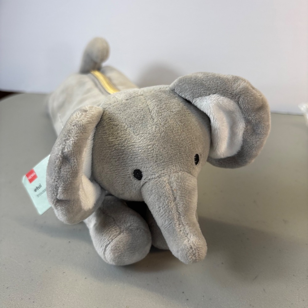 Plush Elephant Pencil Case Soft Gray Stuffed Animal Zipper Pouch Hema New NWT